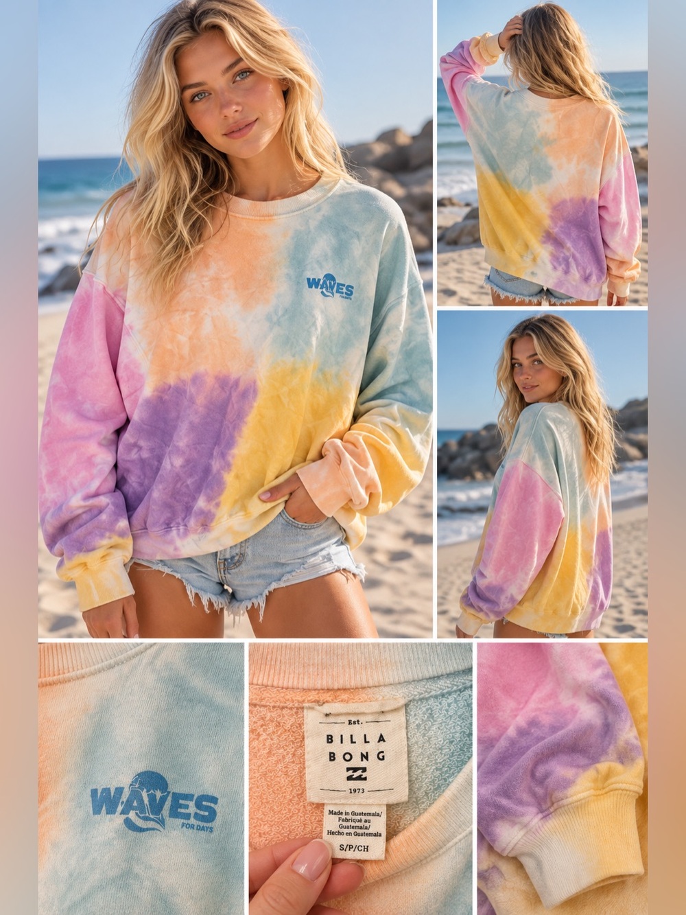 NEWBillabong Pastel Tie-Dye Waves Crewneck Sweatshirt Pink, Purple, Yellow, Blue
